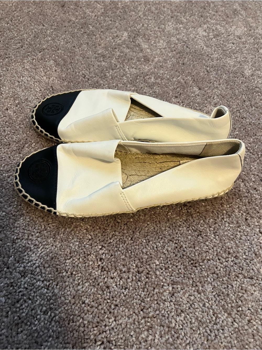 Tory Burch White Leather Espadrille Flats with Black Cap Toe
